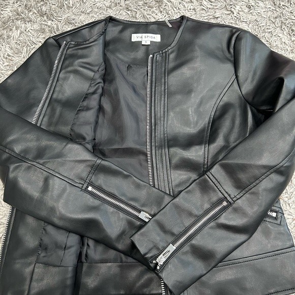 NEW VIA SPIGA Women Collarless Pleather Moto Jacket Black Size S or XL - Picture 11 of 12